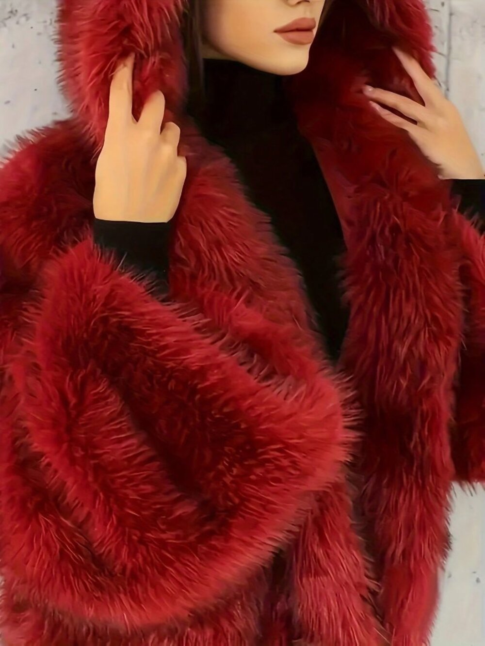Red Elegant Women's Hooded Faux Fur Coat - Picture 4 of 4